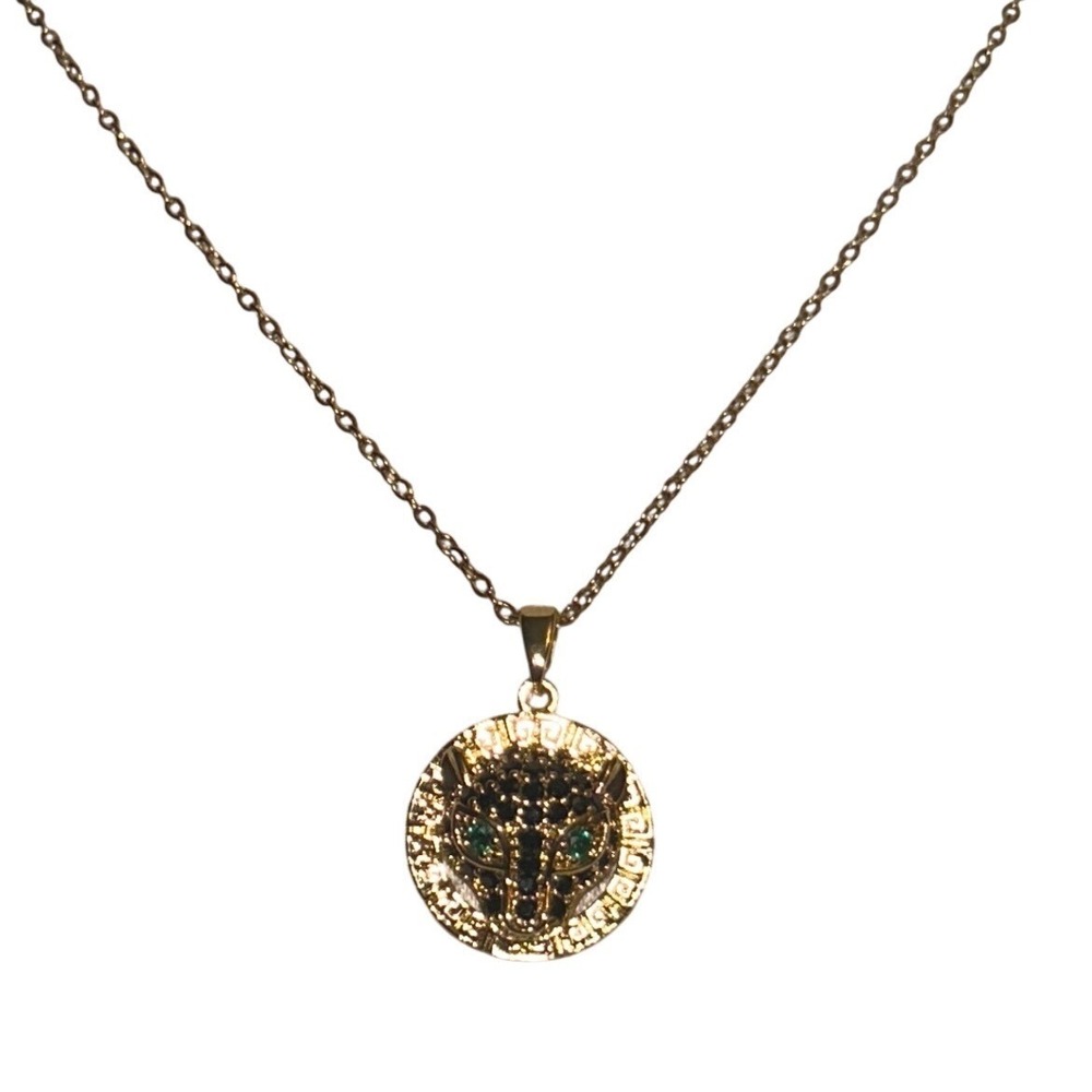 Gold Panther Head Medallion Necklace Black Pave Green Eyes Greek Key Border